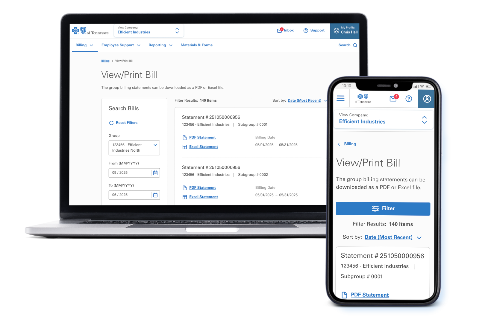 BCBST portal displayed on a laptop and smartphone, showing the View/Print Bill page where users can search for billing statements.